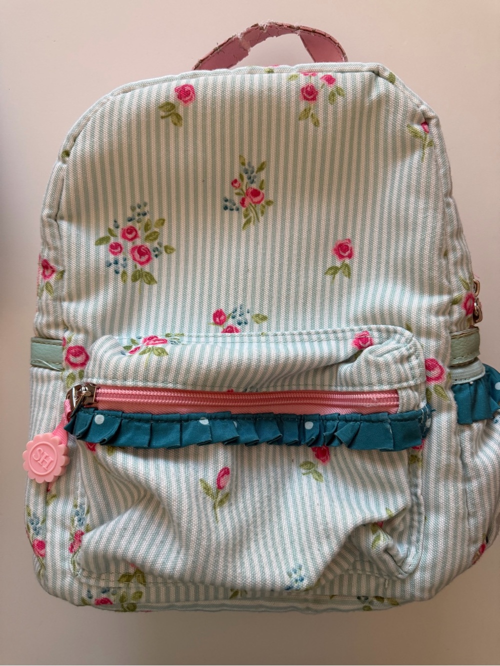 Sweethoney kids lunch bag blue stripes, pink zip, roses and dots